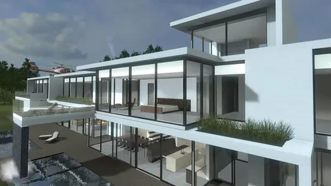 3D visualizer rendering a modern residential and commercial building with detailed architectural design