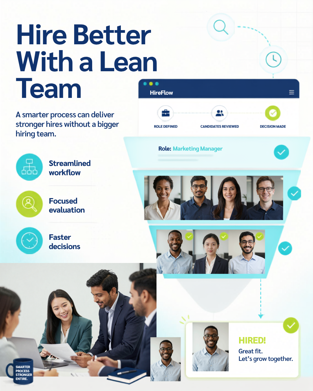 People looking at phone screen and a graphic showing a hired candidate without a big hiring team 