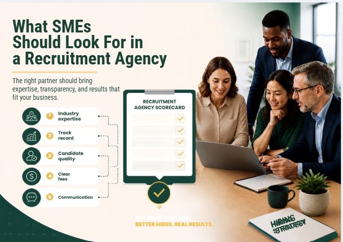 Recruiters looking at the laptop while an ideal recruitment agency checklist appears on screen