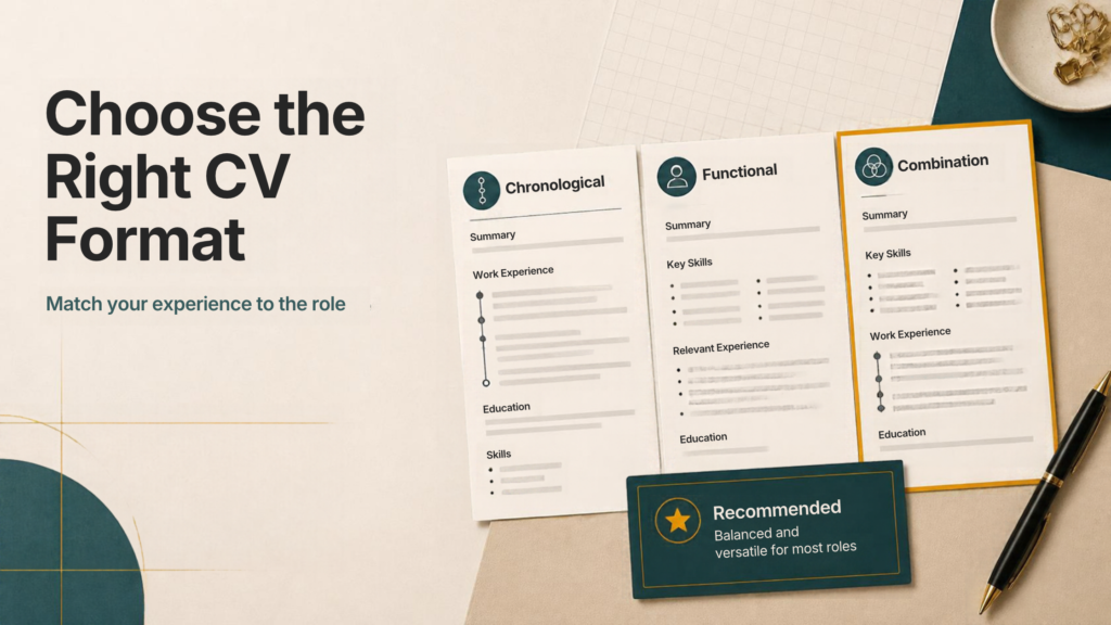 Three different CV formats kept on a table