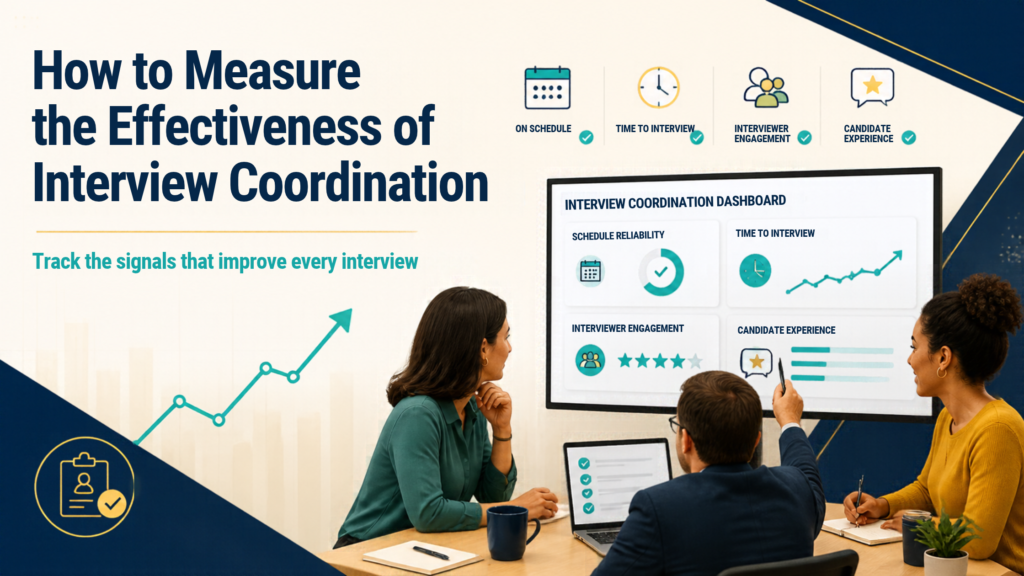 Recruiters and HR Manager having a review meeting and discussing metrics achieved for Effective Interview Coordination