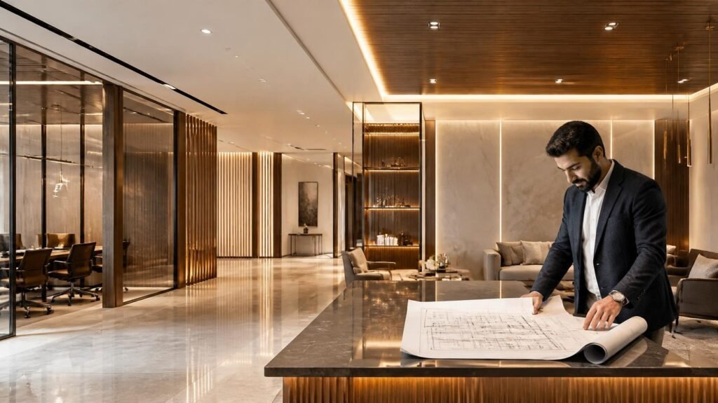 Professional reviewing architectural drawings for a commercial interior project