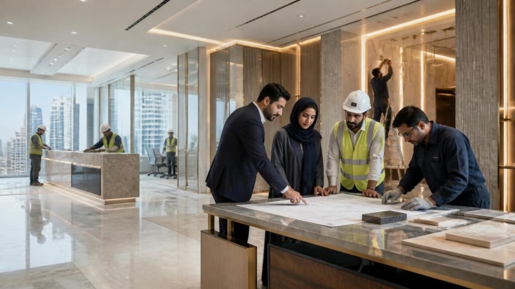 Group of skilled professionals standing near a table. Discussing and evaluating a commercial project plans