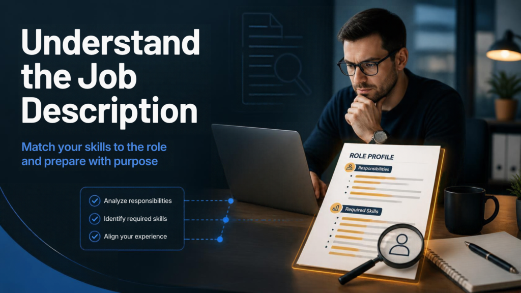 A man is working on a laptop and looking at a job description and trying to understand it.