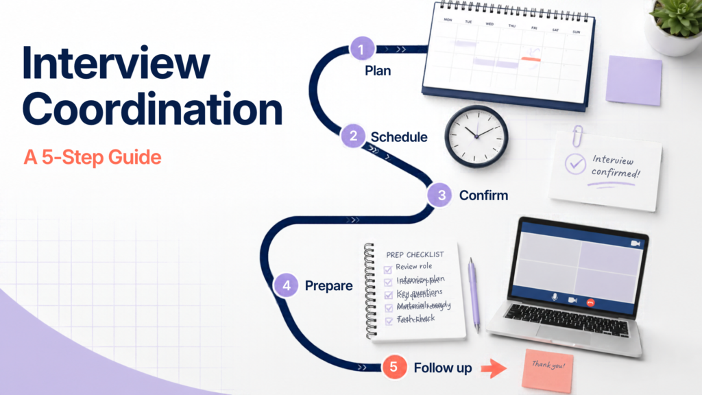 A zig-zag graphic showing all the steps of interview coordination