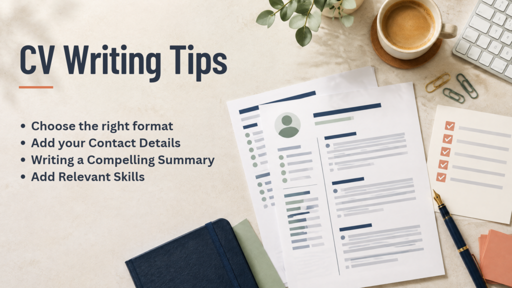 A table on which CVS, laptop and other documents are kept. Highlight the important tips also