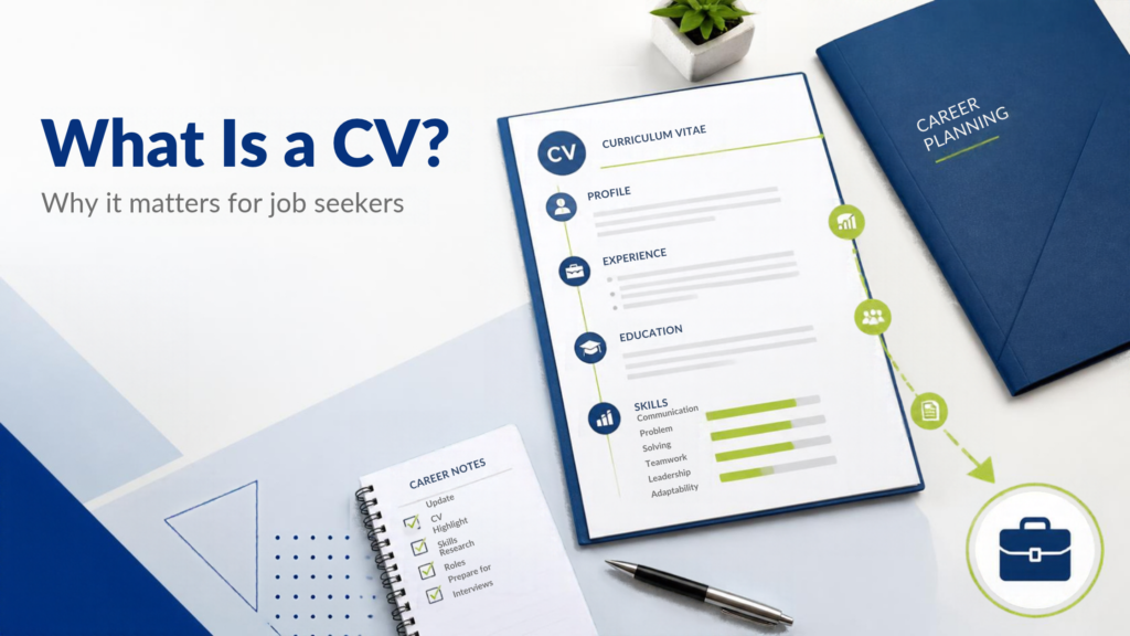 CV kept on a table and it is highlighting, profile , experience etc.